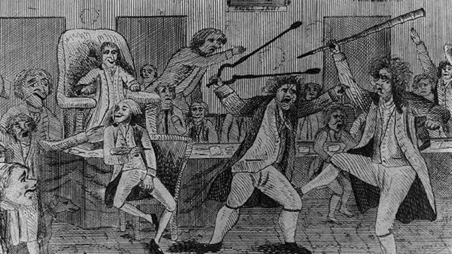 A fight on the floor of Congress between Vermont Representative Matthew Lyon and Roger Griswold of Connecticut. Lyon was imprisoned under the Sedition Act for criticizing President John Adams. Photo from Library of Congress