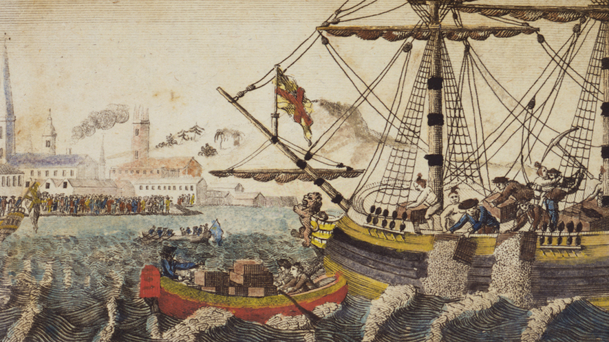An engraving from 1789 of the Boston Tea Party. American colonists, angered by England's imposed taxes, threw chests of tea into Boston Harbor. Photo from Library of Congress