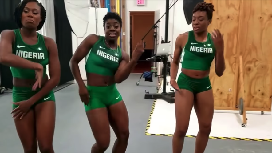 Driver Seun Adigun (middle) and her brakewomen, Ngozi Onwumere (right) and Akuoma Omeoga (left), have a little fun dancing in an exclusive behind-the-scenes photo shoot at a training facility. Photo: Nigerian Women's Bobsled Team/YouTube