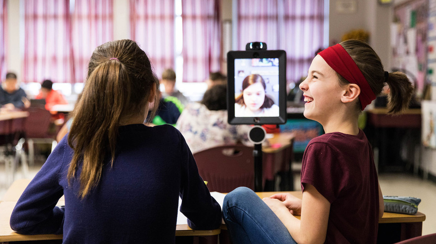 Image 1. Jilly DeStephano talks with her friends through a robot from home during social studies class. Jilly is a middle schooler at Octorara Intermediate School in Atglen, Pennsylvania. She uses a robot in school because she has an ongoing illness. Photo by: Sydney Schaefer/Philadelphia Inquirer/TNS.