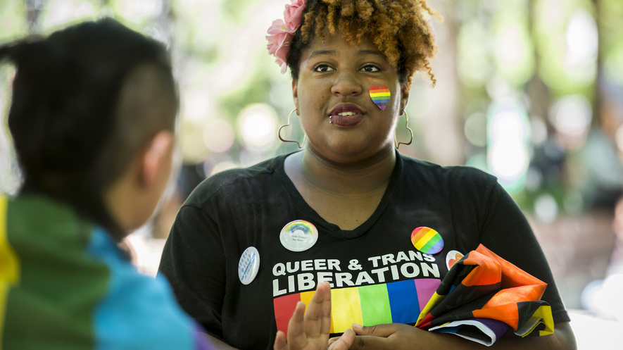 Erykah Lewis (right), a junior at Sacramento State University, shows support for the LGBT community during a protest by the Westboro Baptist Church on May 8, 2018, at the school. The church group is known for inflammatory speech, especially against the LGBT community. Photo by: Paul Kitagaki Jr./Sacramento Bee/TNS