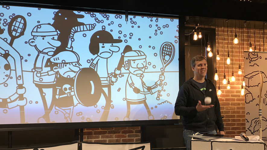 Image 1. Jeff Kinney practices for his book tour called "Wimpy Kid Live: The Meltdown Show." Photo: Hallie Patterson
