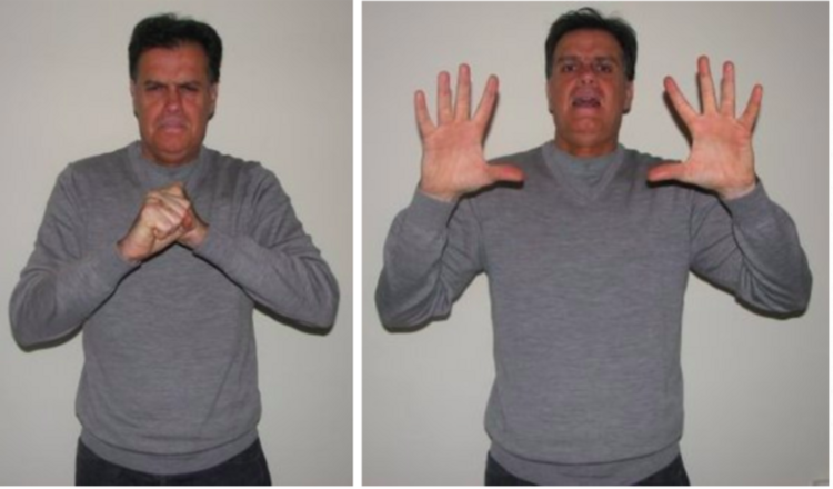 Image 2: This is the sign for "Big Bang," in French sign language. It combines the signs for "universe" and "explosion." Photo from the International Astronomical Union.