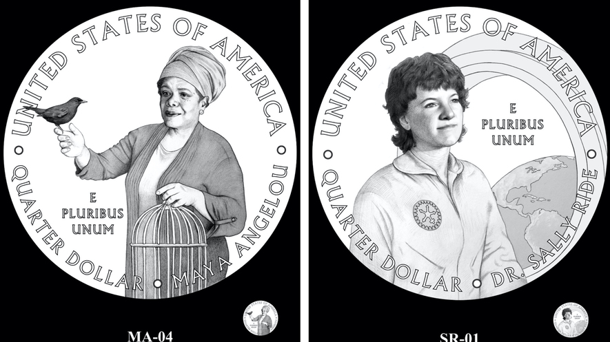 Drawings of two women on quarters.